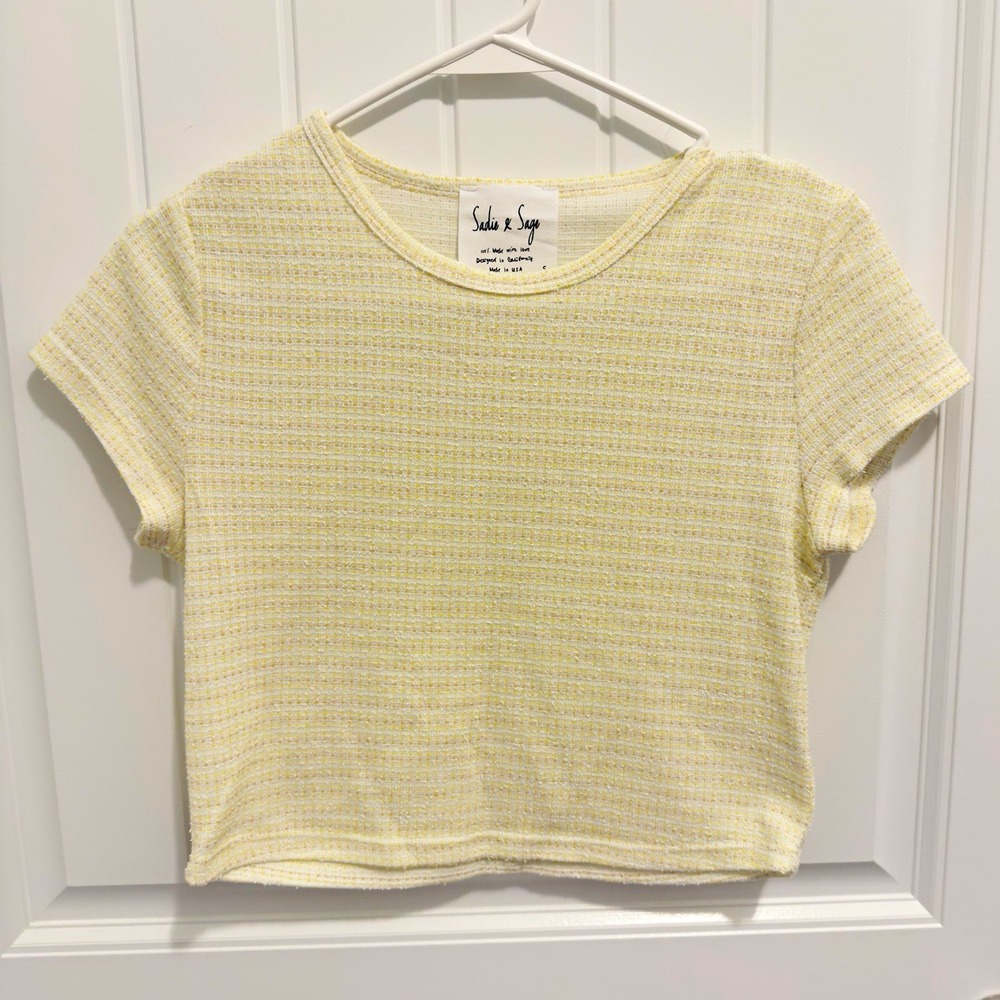 Sadie & Sage Women's Cream Yellow Textured Knit Cropped Top Short Sleeve S